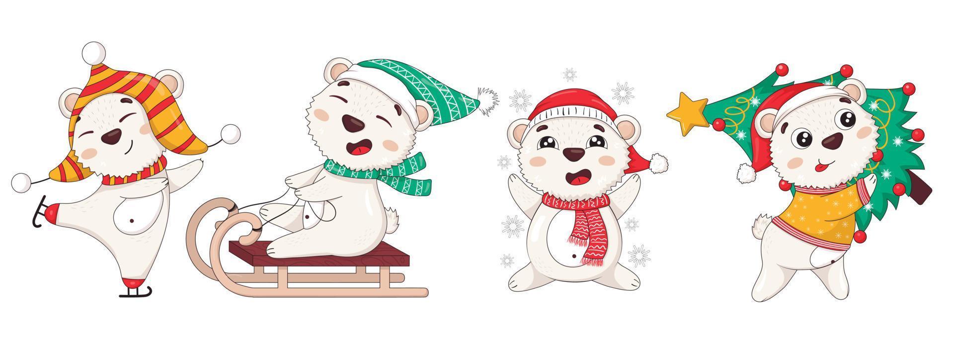 Collection of cute cartoon new year polar bears in winter clothes with christmas tree, skating, sledding, catching snowflakes vector