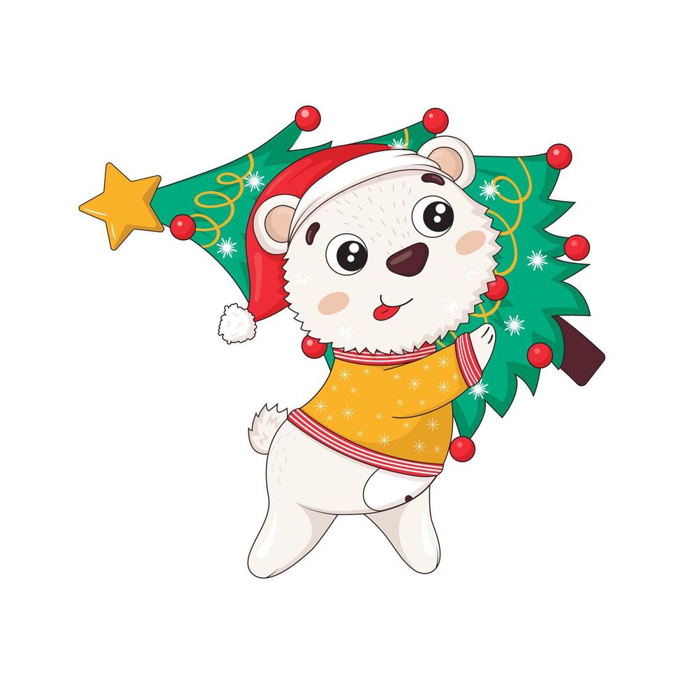 Cute polar bear in a knitted winter sweater and a santa hat carries a Christmas tree vector