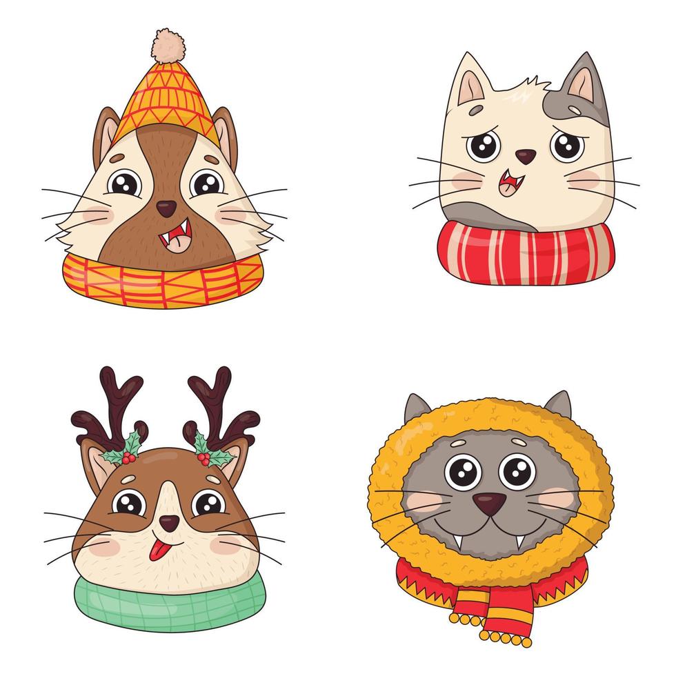 Bundle of Cute heads of Christmas cats in knitted hats with pom-poms and scarves and deer antlers vector