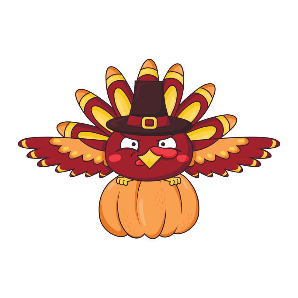 Cartoon funny turkey bird in a pilgrim hat carries a pumpkin for thanksgiving dinner vector