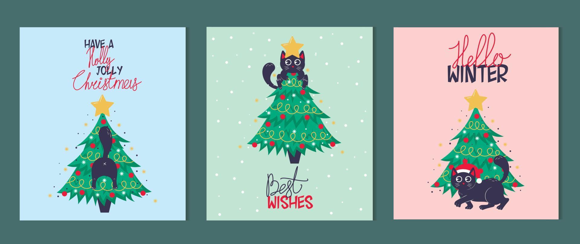 Bundle of Christmas card, banner or poster template with christmas tree and cute black cat and christmas lettering vector