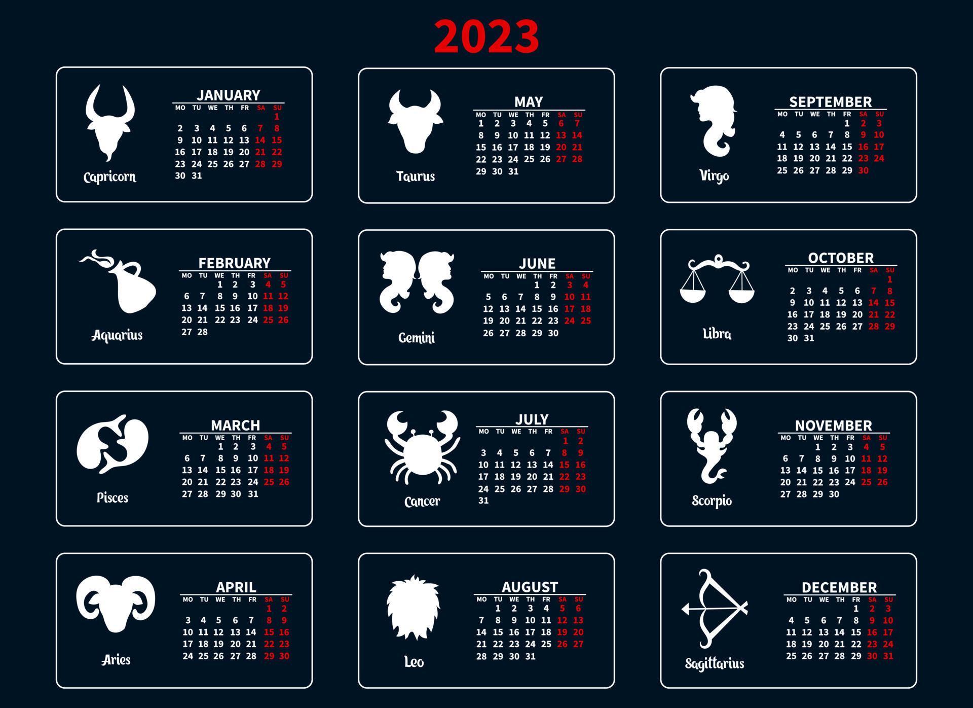calendario 2023 con signos del zodiaco en un fondo azul. impresión de