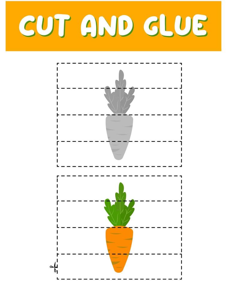Cut and glue game for kids . Puzzles with an carrot. Children funny entertainment and amusement.Vector illustration. Cutting practice for preschoolers. vector