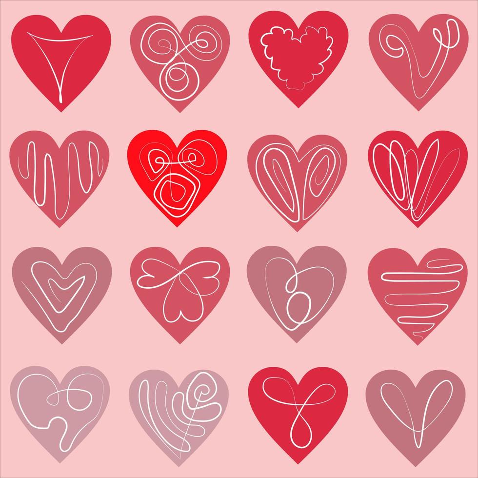 Set vector hearts of love with contours, lines, doodles. Hearts with patterns for Valentine's Day.