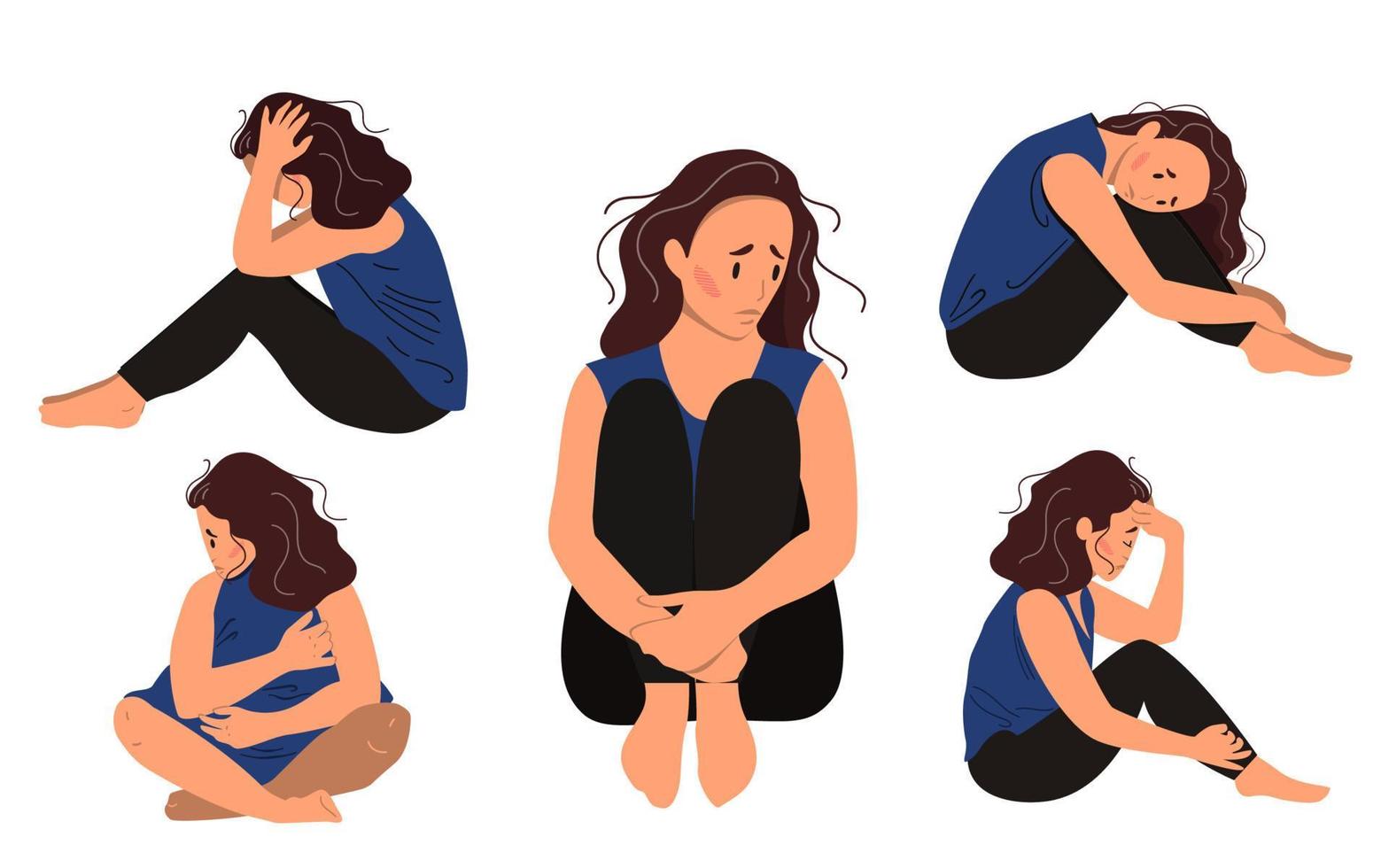 Set of depressed young unhappy sitting girls. vector