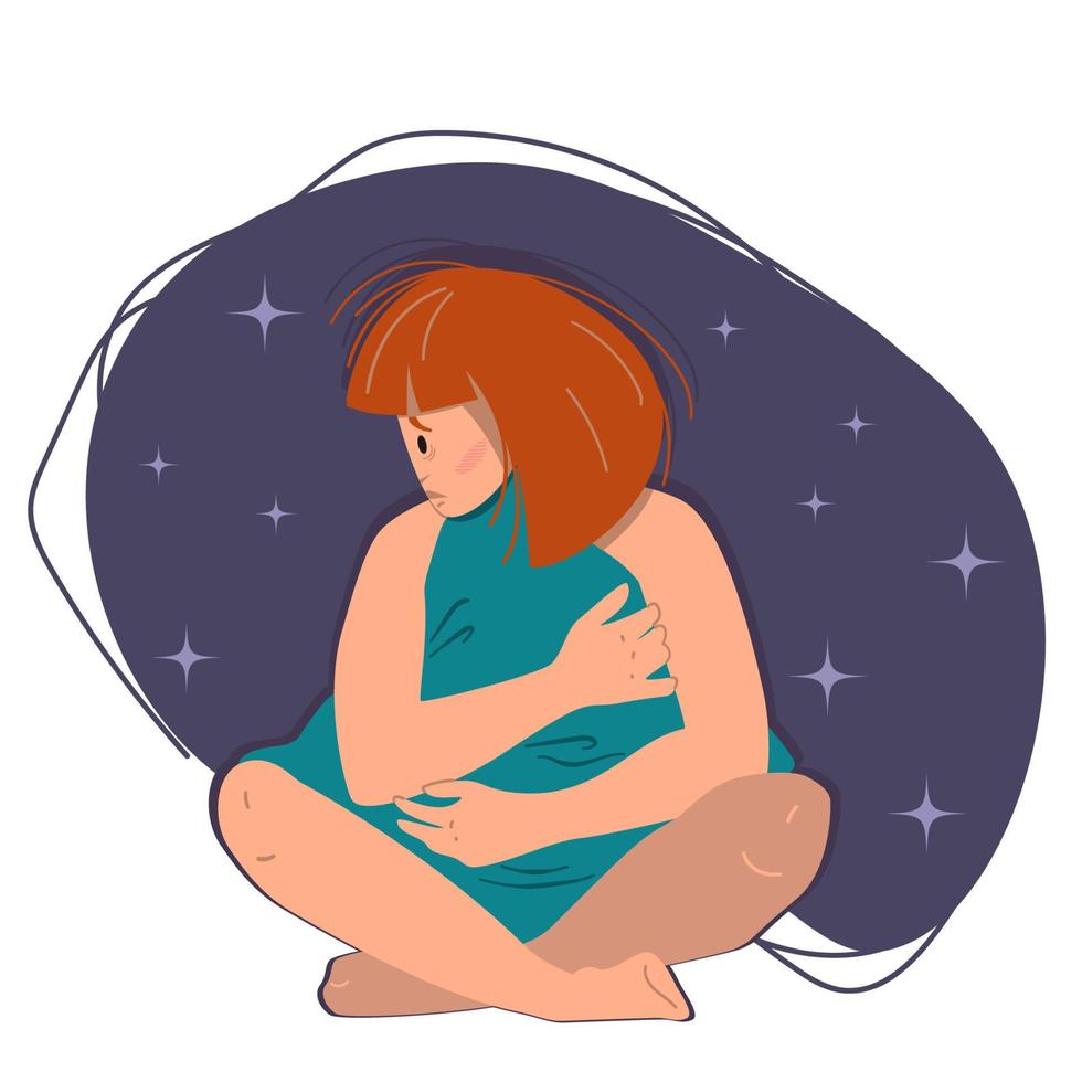 Sleepless girl sitting on the floor and hugging pillow vector