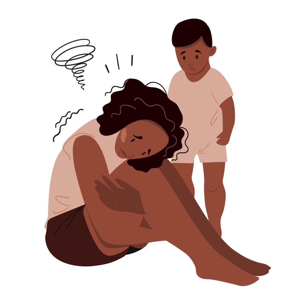 Sad mother sitting on the floor with her vector