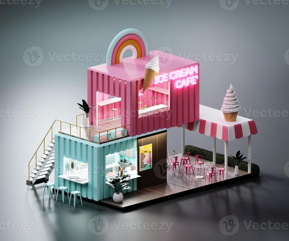Isometric view minimal Ice cream cafe restaurant container store exterior architecture, 3d rendering digital art. photo