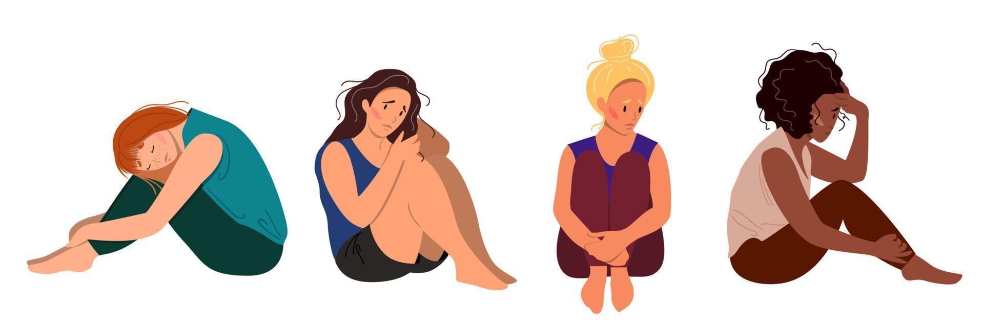 Set of depressed young unhappy sitting girls. vector