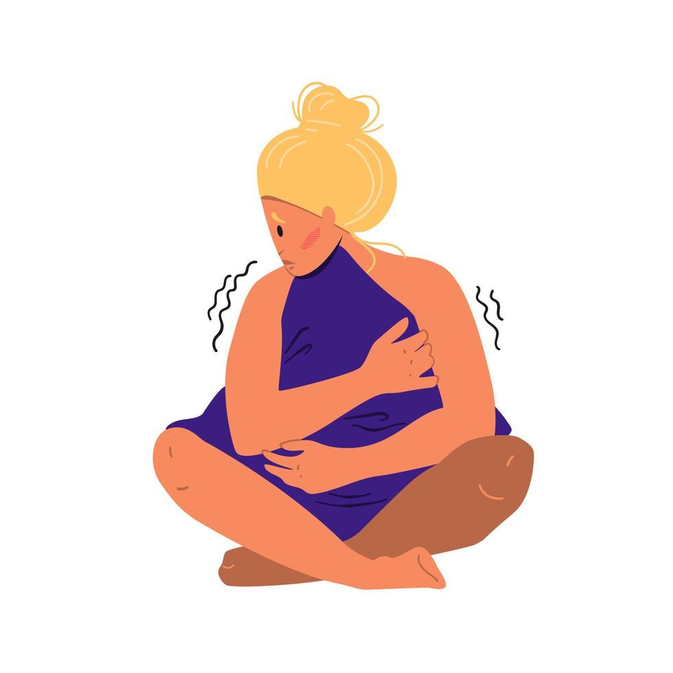 Sad woman sitting on the floor. vector