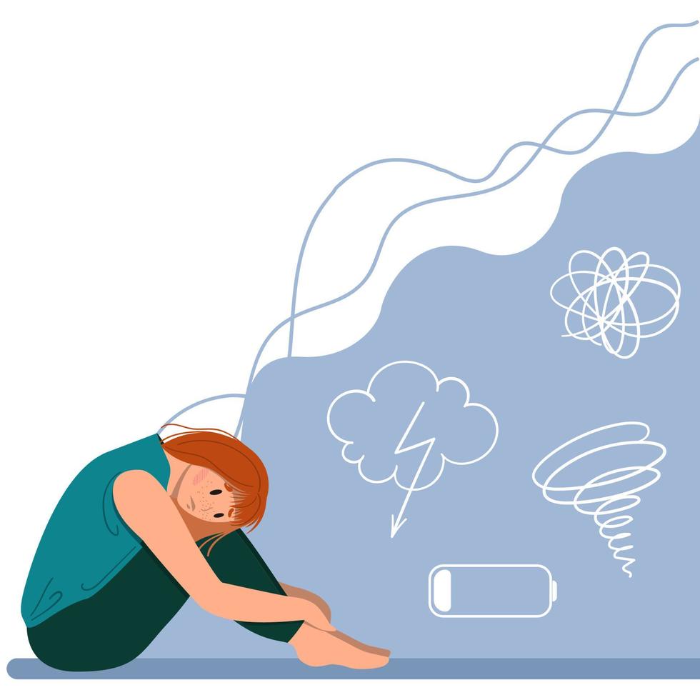 Depressed young unhappy girl sitting and hugging her knees vector