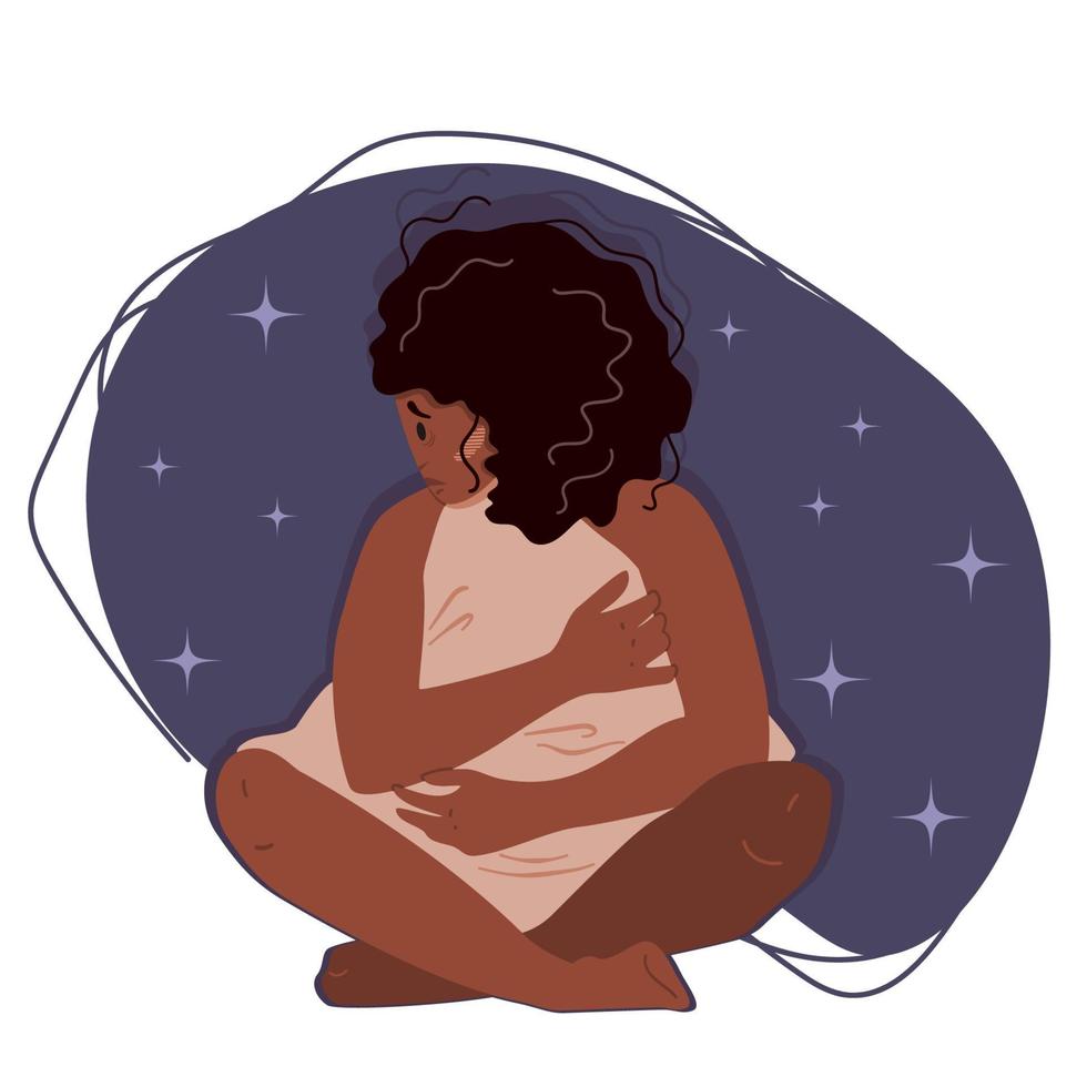 Sleepless girl sitting on the floor and hugging pillow vector