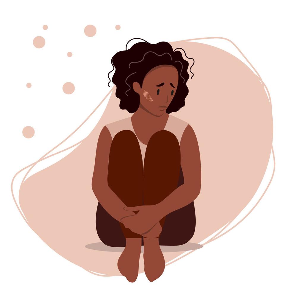 Sad woman sitting on the floor. vector