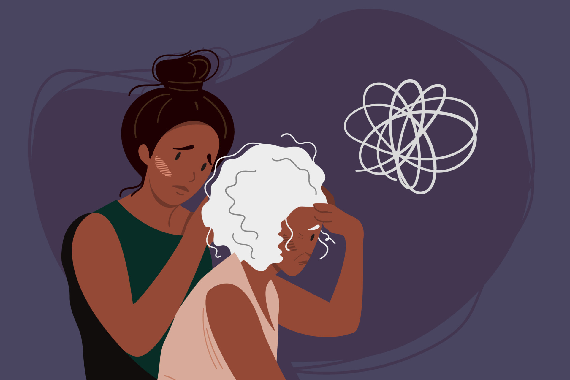 Young woman helps eldery gray-haired woman with dementia. 13942391