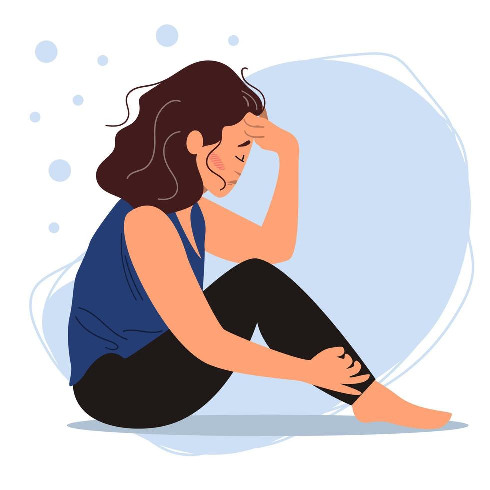 Tired woman sitting on the floor. vector