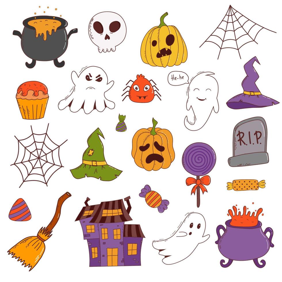 divertido juego de halloween calabaza, fantasma, sombrero de bruja, murciélago, dulces, araña, escoba. concepto de truco o trato. ilustración vectorial en estilo dibujado a mano vector
