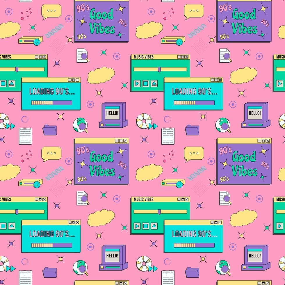 Vaporwave UI and UX elements seamless pattern. PC retro game frame. Nostalgic style 70s, 80s, 90s. vector