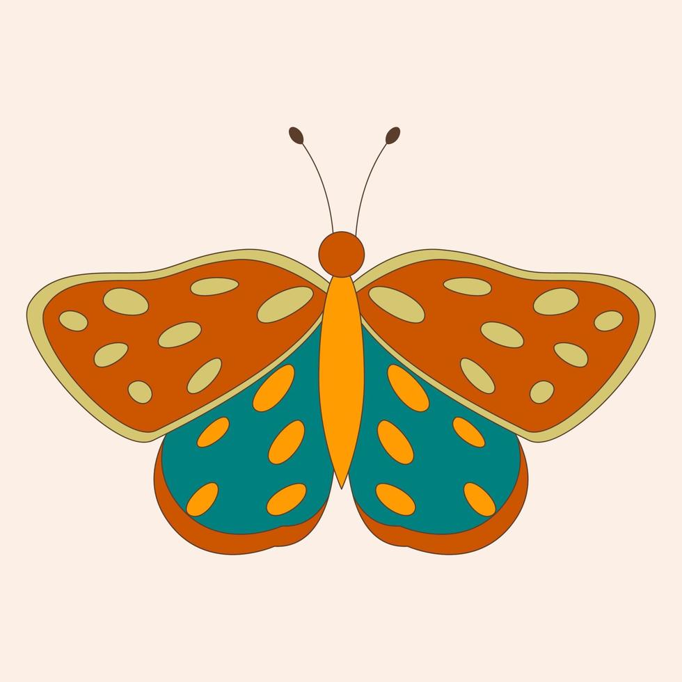 Retro 60s 70s hippie groovy butterfly for cards, stickers or poster design. Flat vector illustration