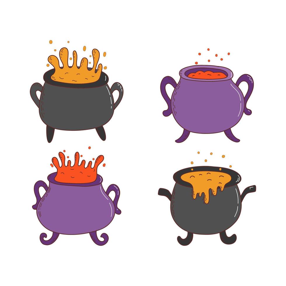 Set of halloween witches cauldrons with poison potion. Halloween elements. Trick or treat concept. Vector illustration in hand drawn style