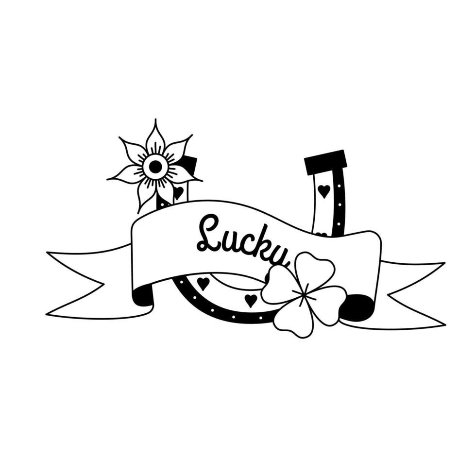 Horseshoe tattoo with text Lucky in y2k, 1990s, 2000s style. Emo goth element design. Old school tattoo. Vector illustration