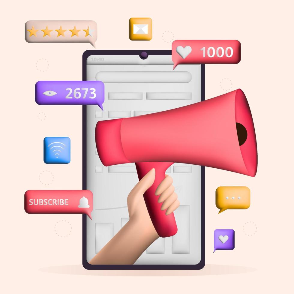 3d review SMM concept. Human hand holding loudspeaker. Megaphone with social media icons. Social media marketing concept. vector