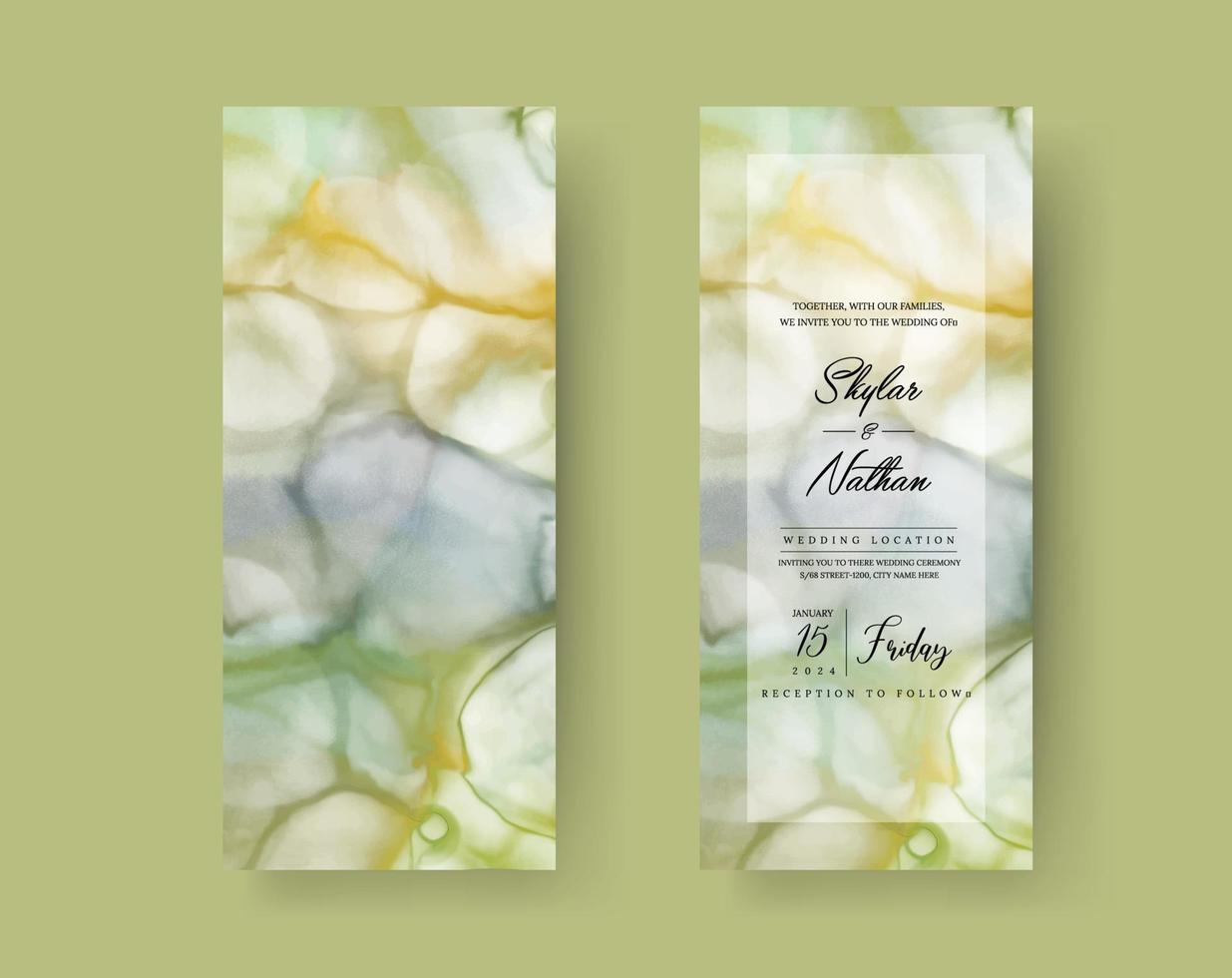 Alcohol Ink Natural Marble Stone Wedding Menu Card Template vector