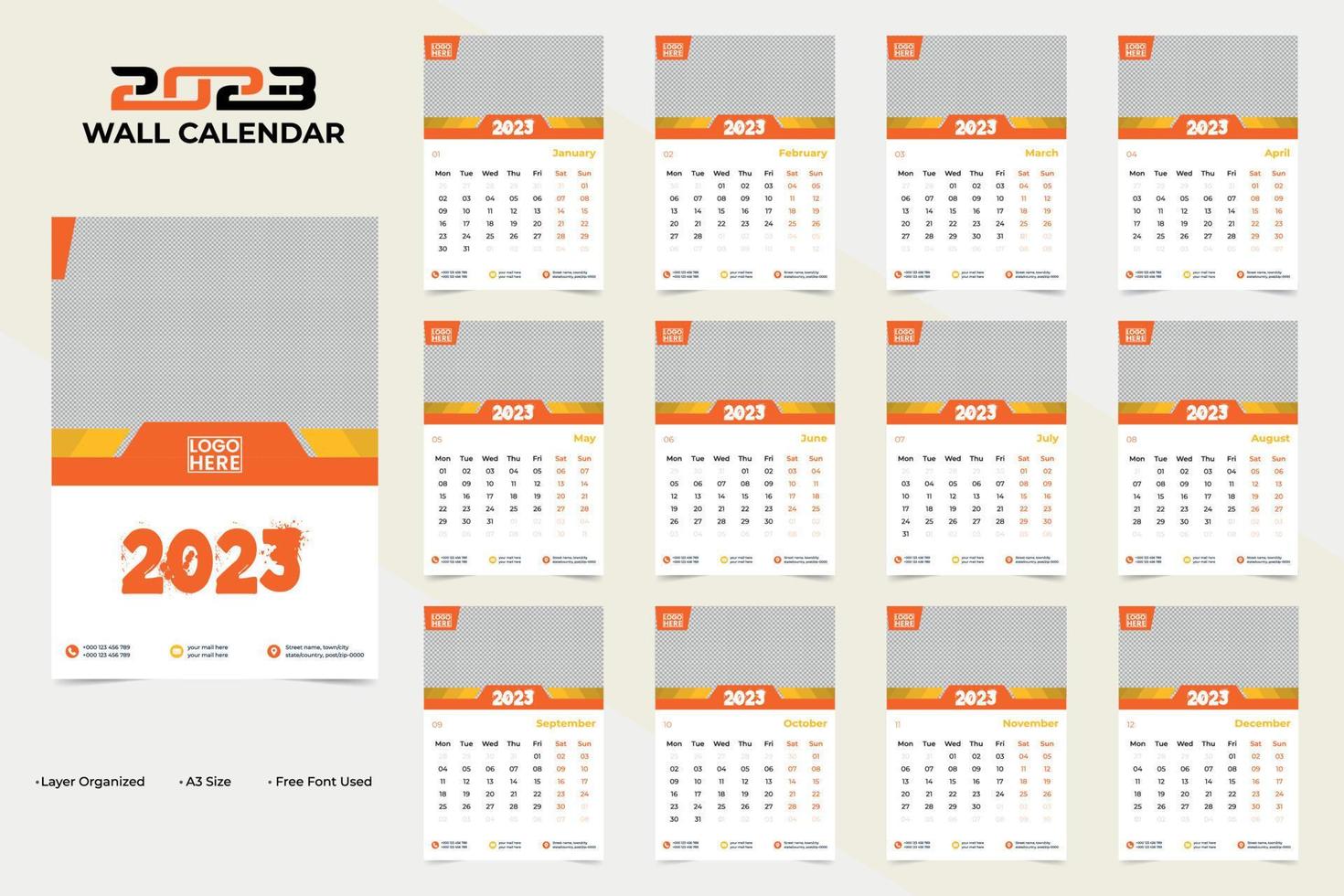 Clean and colorful new year 2023 wall caledar design template vector