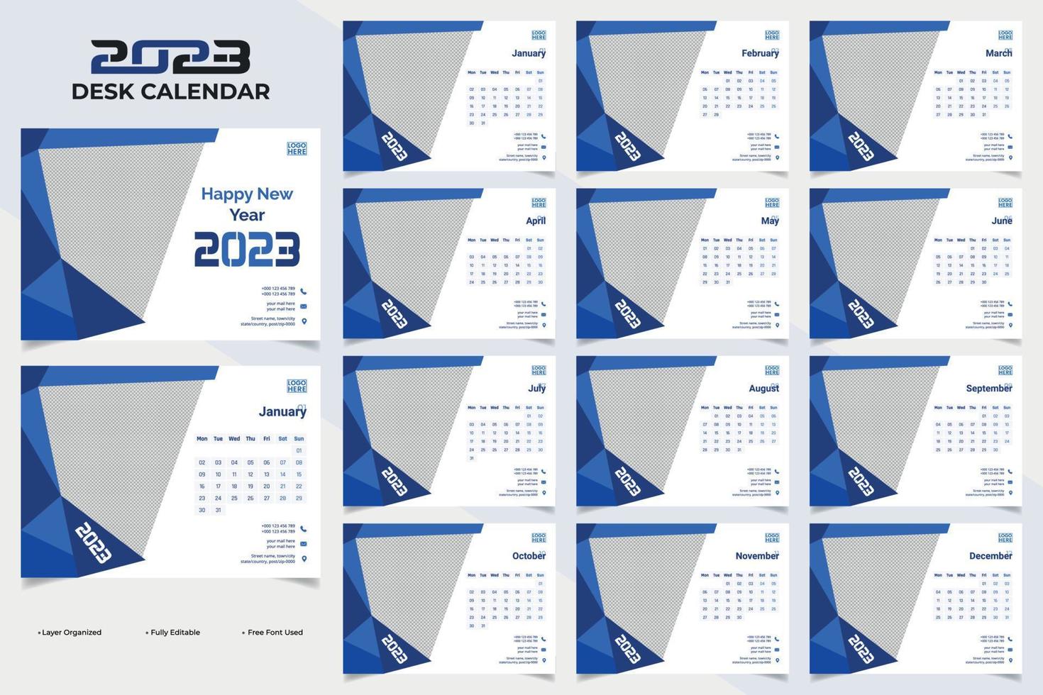 Modern and abstract new year 2023 desk calendar template design vector