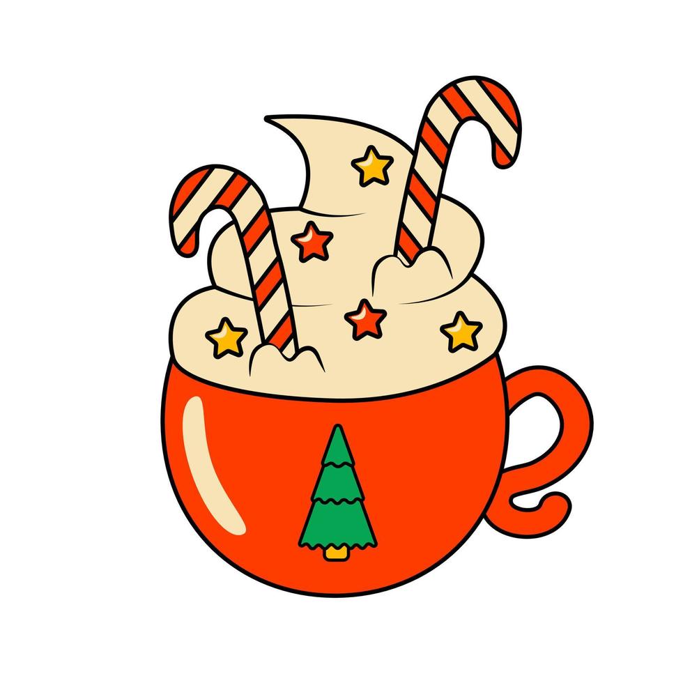 Christmas Coffee with Cream and Candy in a Red Mug with Christmas Tree Decorative Element in Retro Groovy Style vector