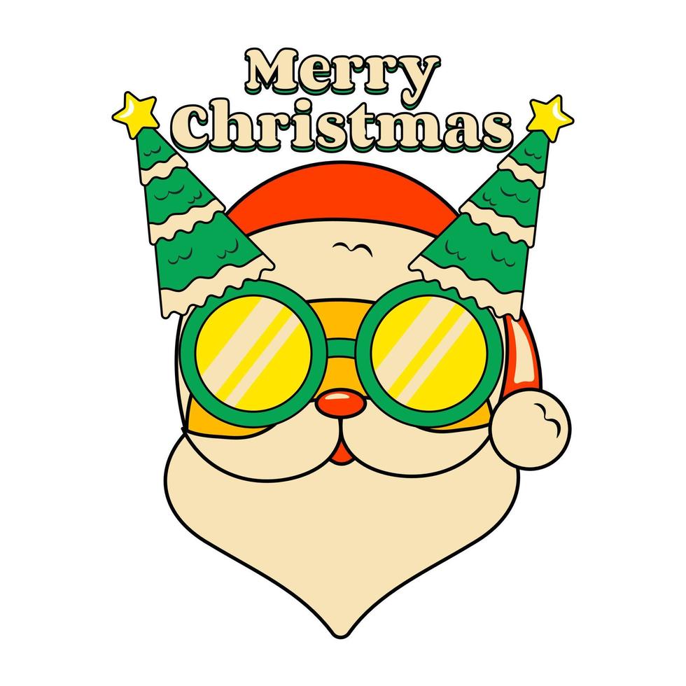 Cute Santa Claus in Sunglasses with Christmas Tree Merry Christmas Decorative Element in Retro Groove Style vector