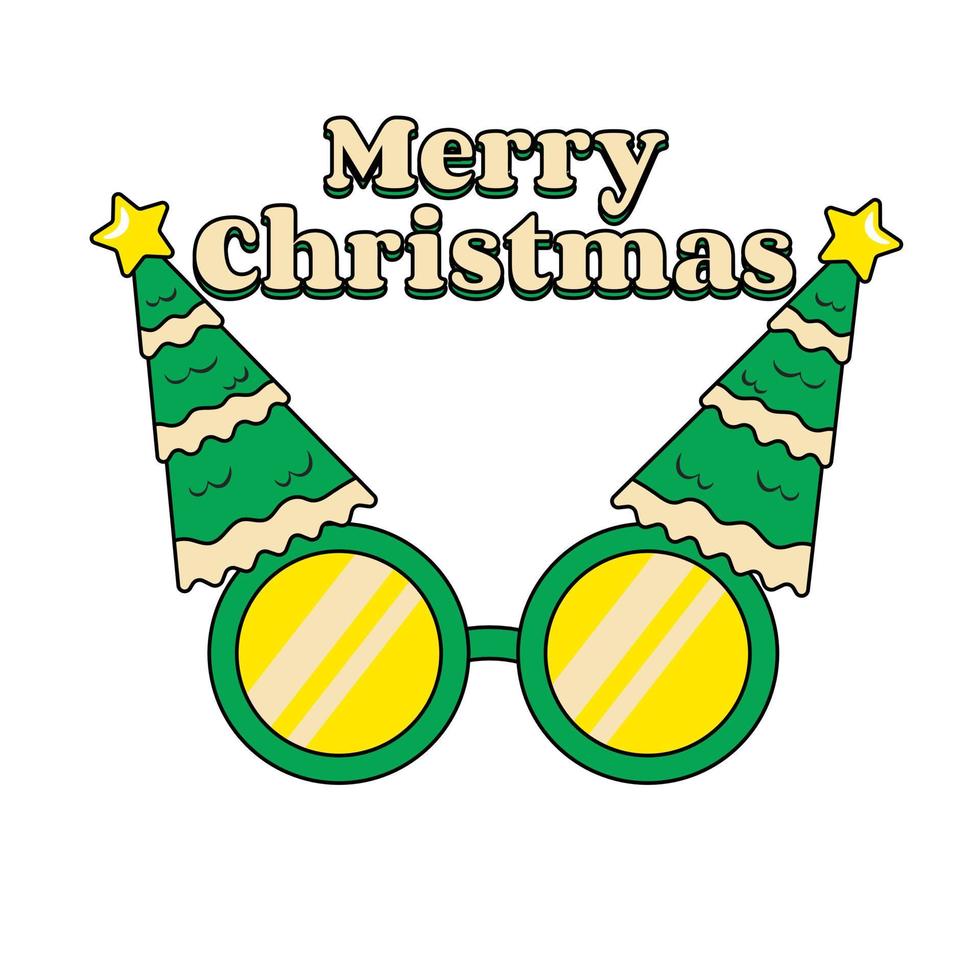 gafas de sol verdes con árboles de navidad e inscripción feliz navidad elemento decorativo en estilo retro vector