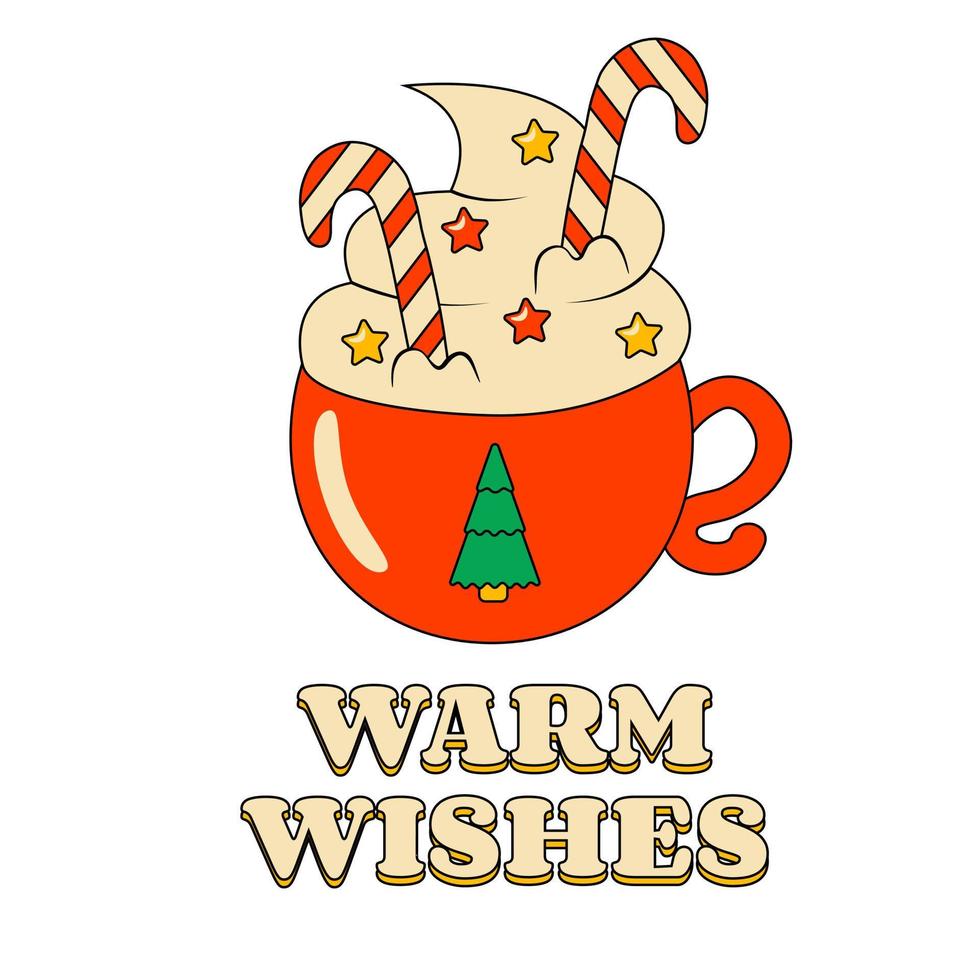 Christmas Coffee with Cream and Candy in a Red Mug with Christmas Tree Decorative Element in Retro Groovy Style vector