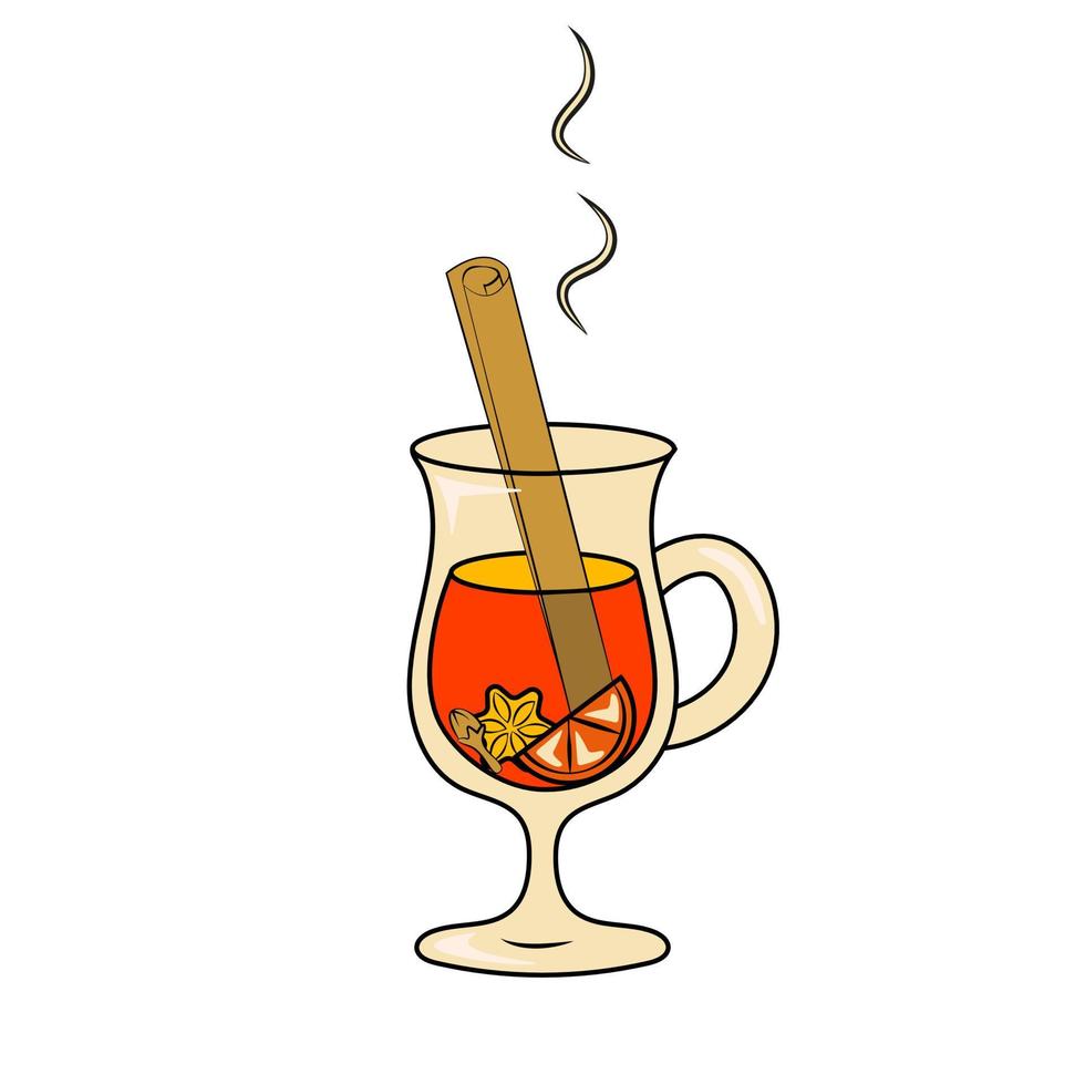 Glass of Hot Mulled Wine with Cinnamon Stick Orange Anise and Clove Flower Decorative Element in Retro Groovy Style vector