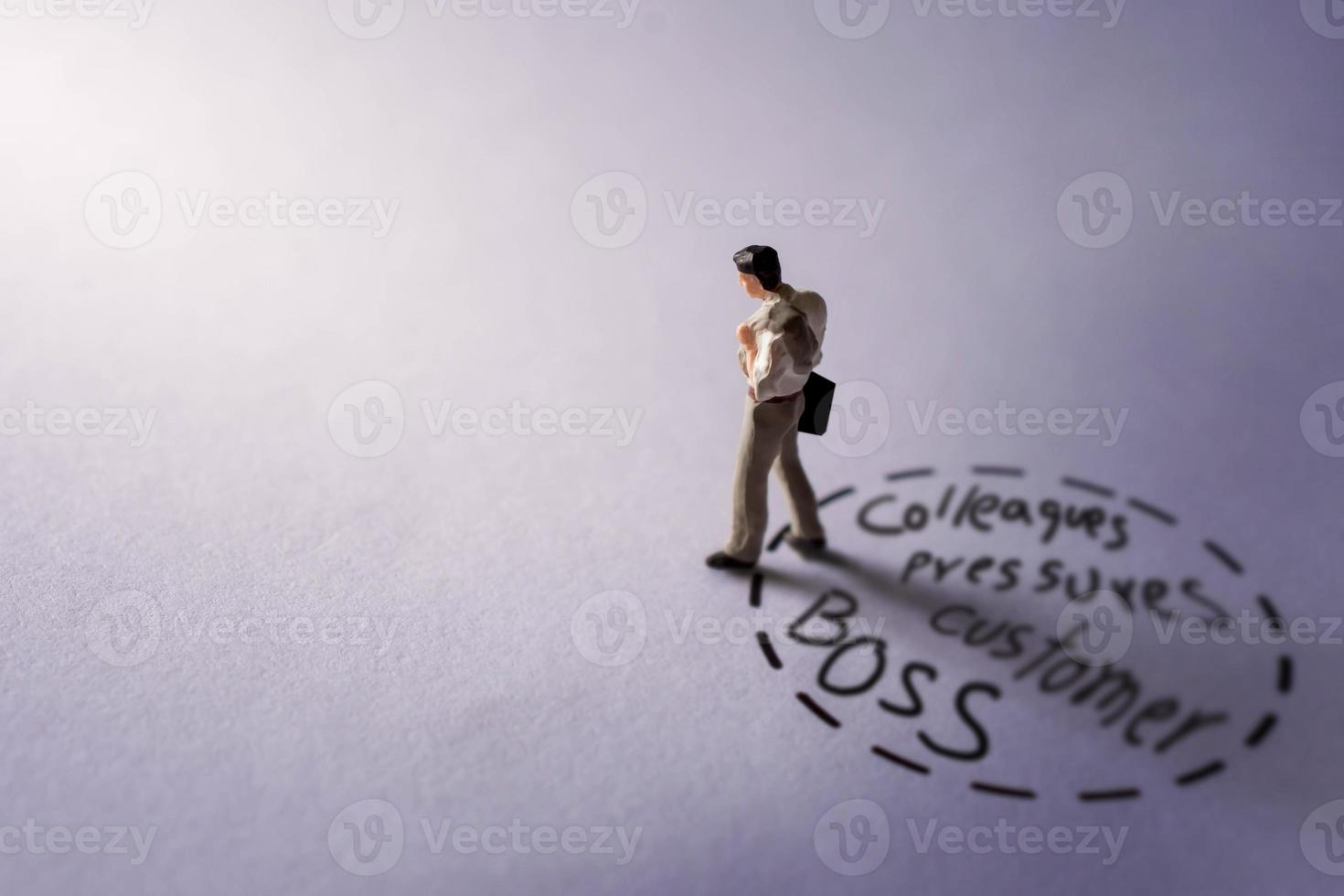 Quite a Job Concept. present by Miniature Figure of Sadness Businessman Walking from Office Life Circle, Leaving his Carreer behide photo