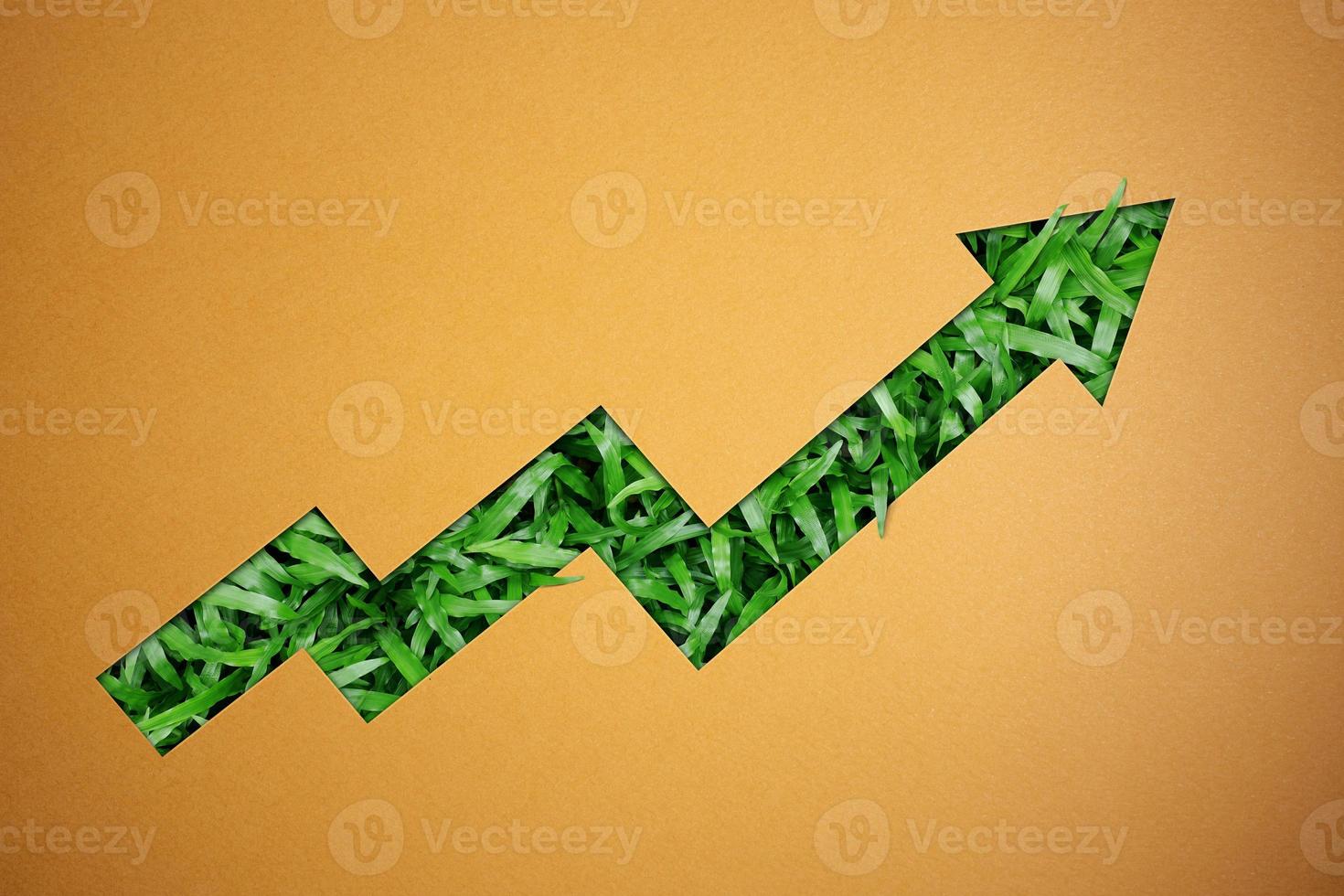 ESG, Environmental Care Concept. Craft Paper Cut as Upward Arrow Graph to show Green Grass below. Environmental and Business Growth Together. Sustainable Resources photo