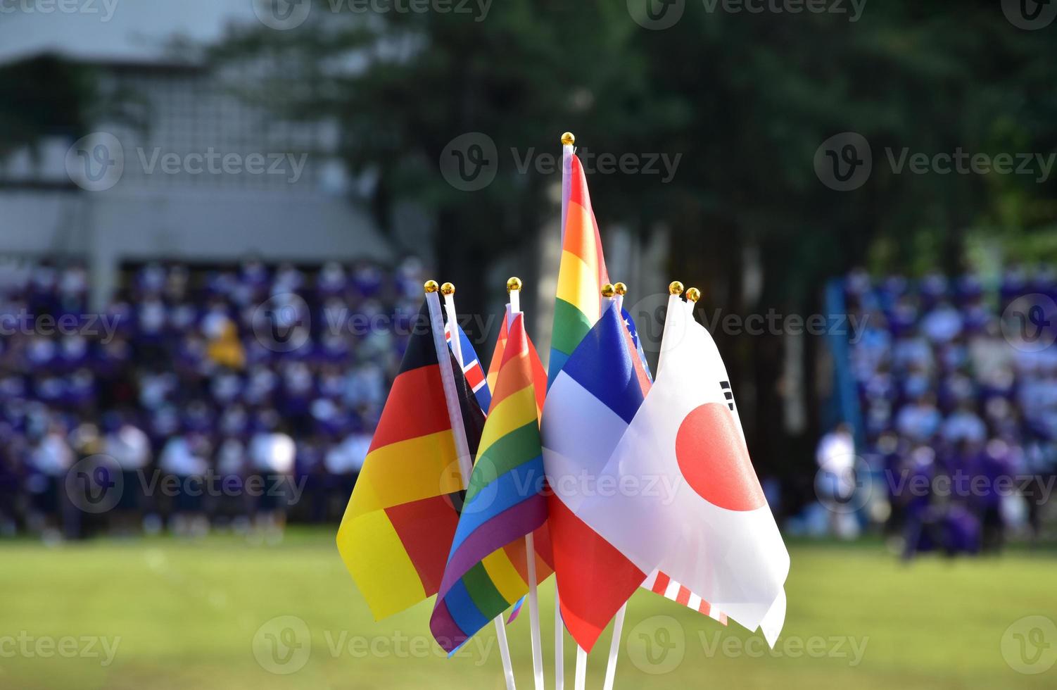 Rainbow flags and flags of many countries in front of green grasslawn of asian school, concept for celebration of lgbtq genders in pride month around the world, soft and selective focus. photo