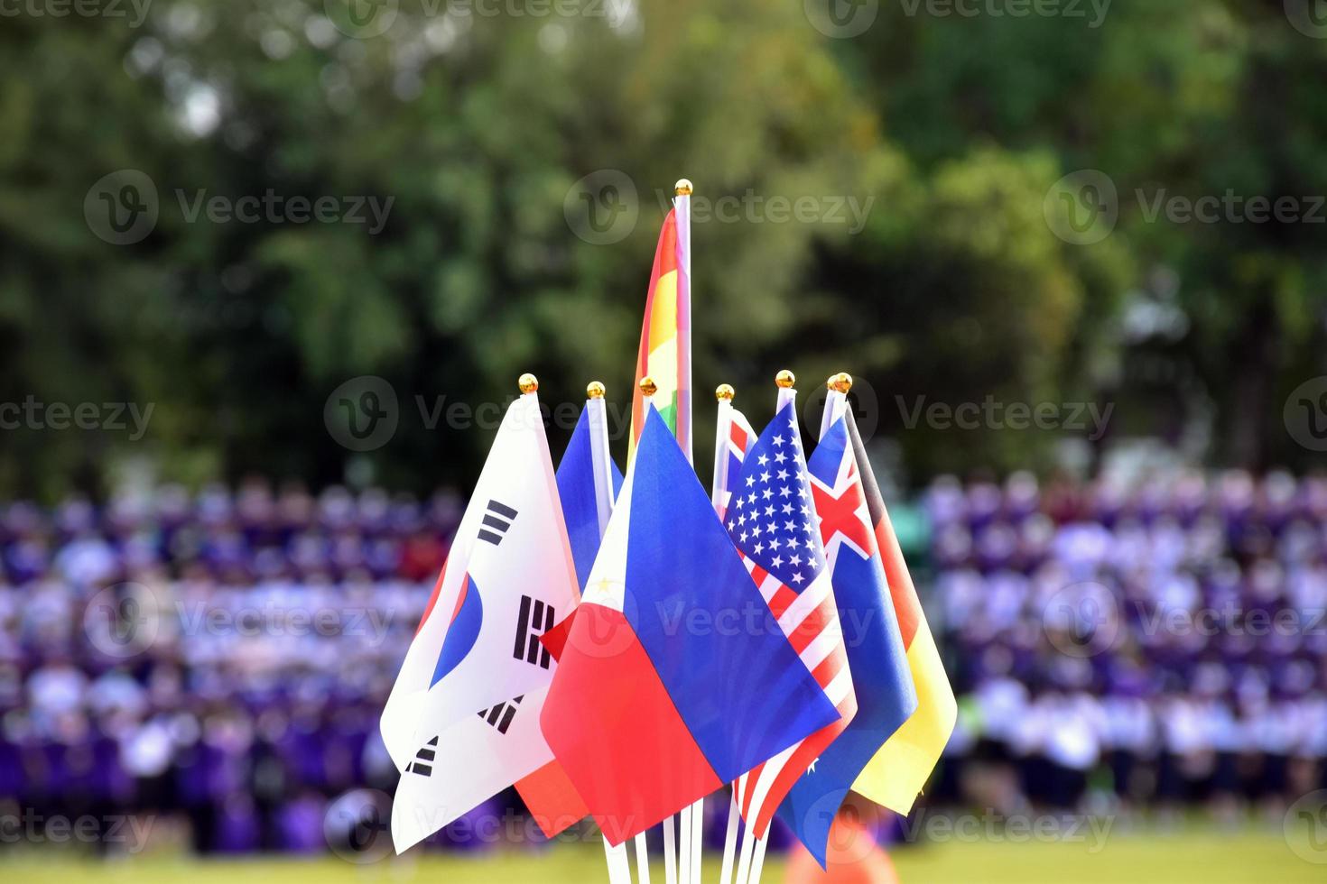 Rainbow flags and flags of many countries in front of green grasslawn of asian school, concept for celebration of lgbtq genders in pride month around the world, soft and selective focus. photo