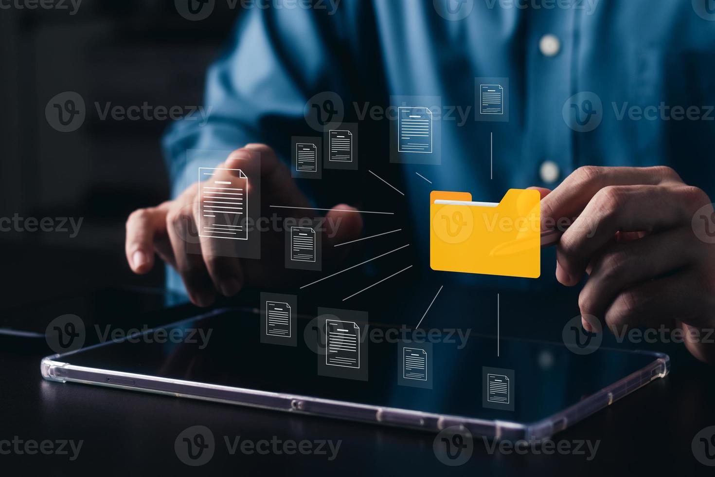 Document management system concept, business man holding folder and document icon software, searching and managing files online document database, for efficient archiving and company data. photo
