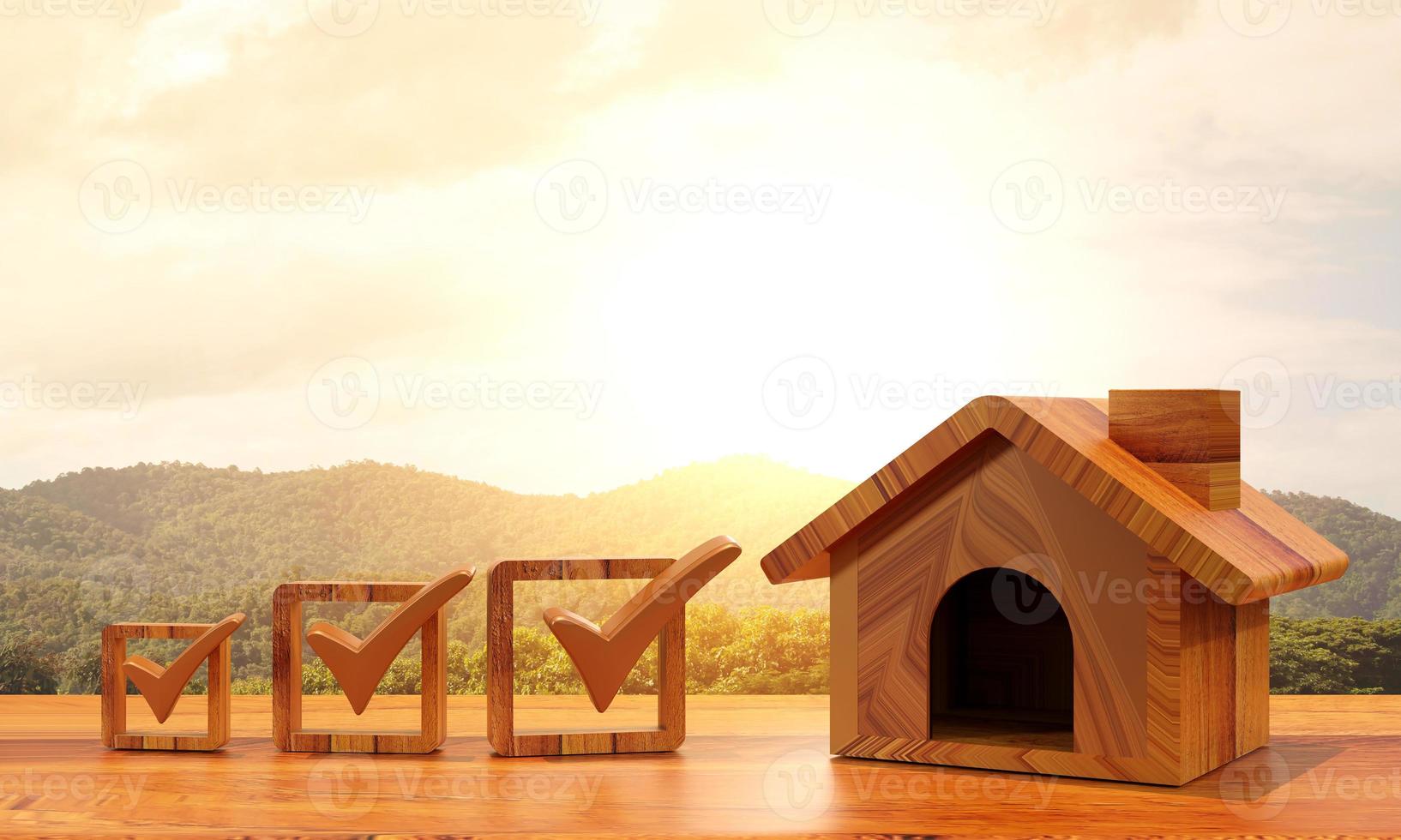 Home inspections, compliance standards, certificates, and real estate safety. wooden house with check mark with natural background. copy space and business design. 3D rendering illustration photo