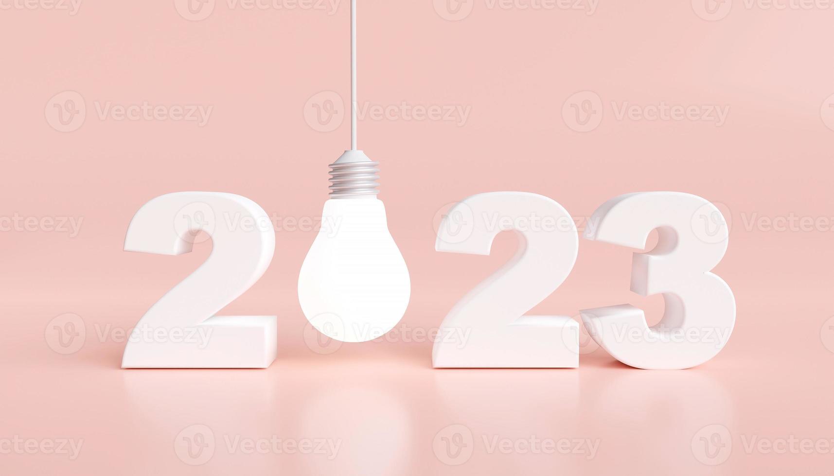Bright light bulbs and year 2023, concept of creativity, inspiration and planning goals for new year, happy new year greeting cards. with copy space 3D rendering illustration photo