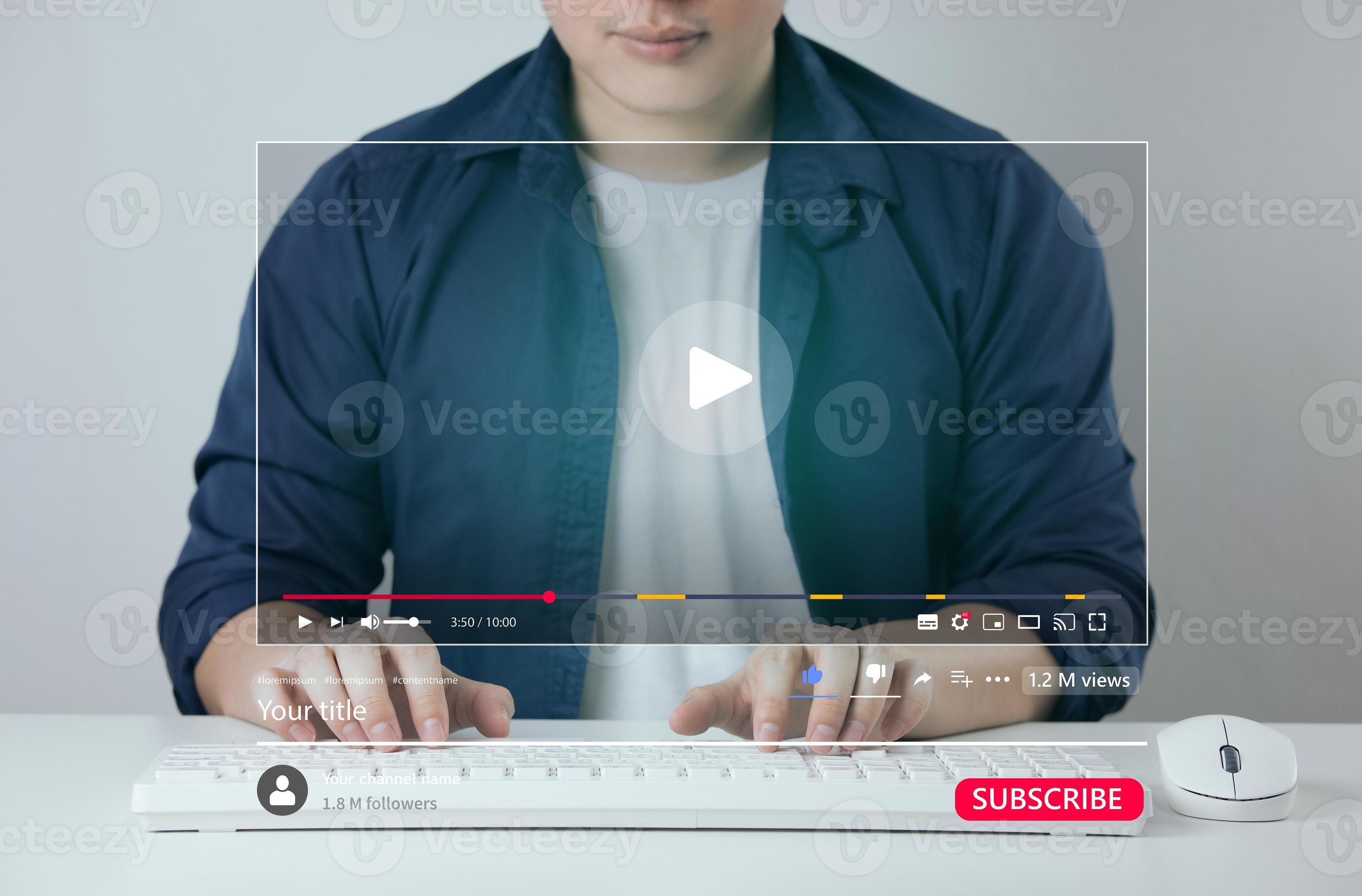 Modern multimedia technology concept. video content creation online  streaming Popular internet video, video maker, monetization, social media.  Men browse virtual window list of videos uploaded online. 13945781 Stock  Photo at Vecteezy