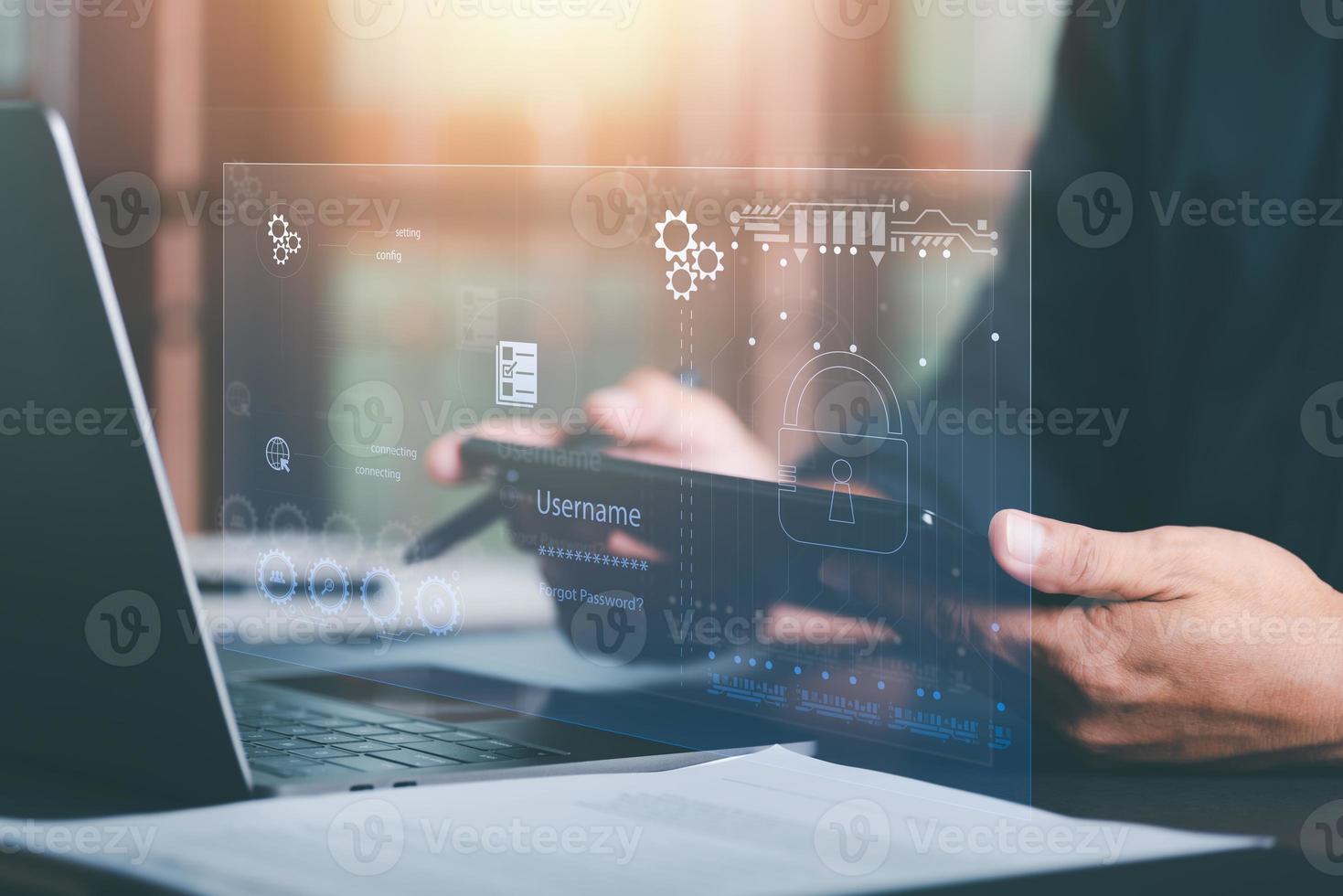 Businessman entering document management system and data files,through security encryption,with cybersecurity technology,Connecting computer network that requires a password and identity verification photo