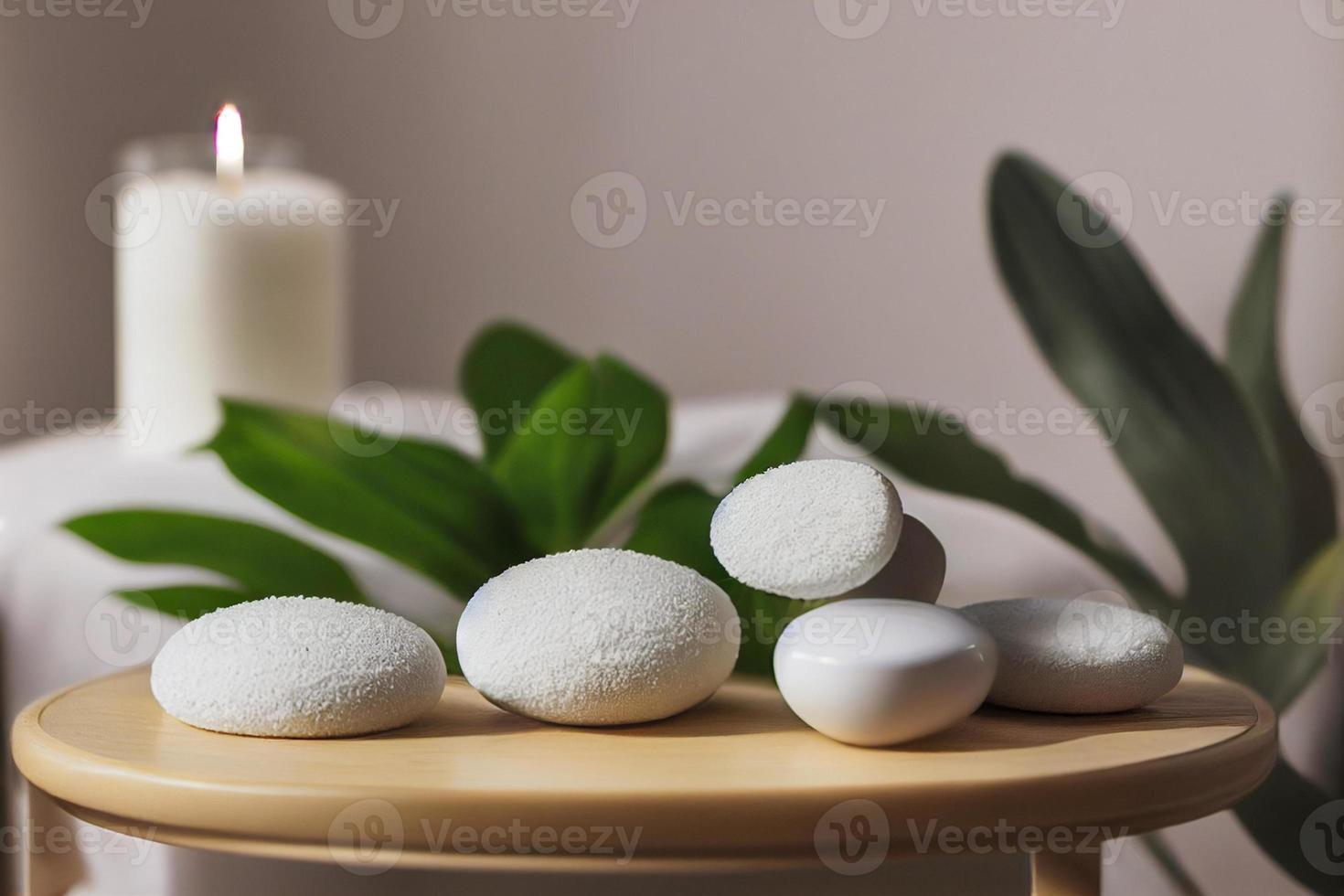 Beauty treatment items for spa procedures on white wooden table with green photo