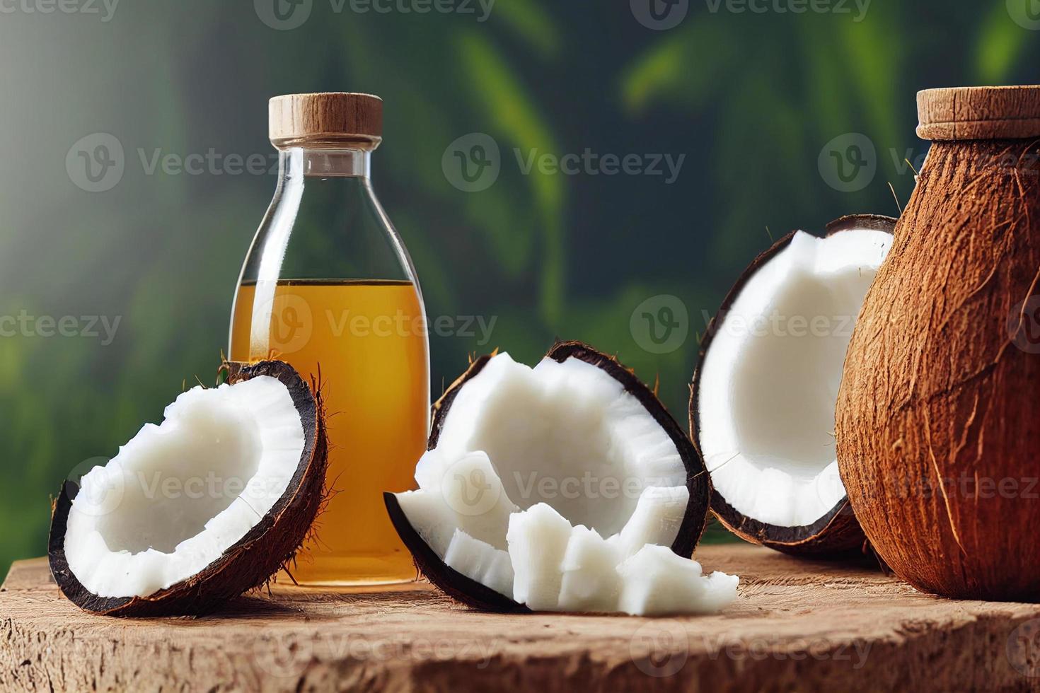 aceite de coco natural en una botella con media cáscara de coco sobre fondo de madera muy detallada. bienestar natural, spa tropical. foto