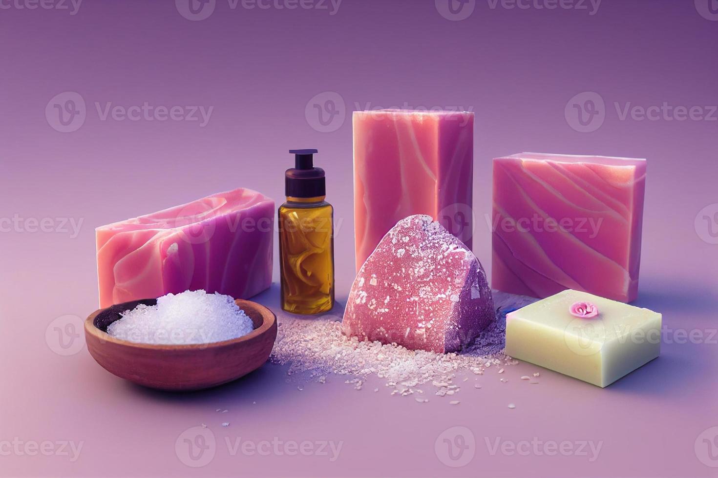 Pink beauty treatment items for spa procedures essential oils, soap  and sea photo