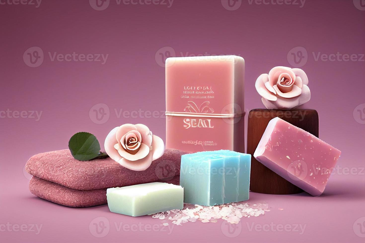 Rose beauty treatment items for spa procedures essential oils, soap and sea salt. photo