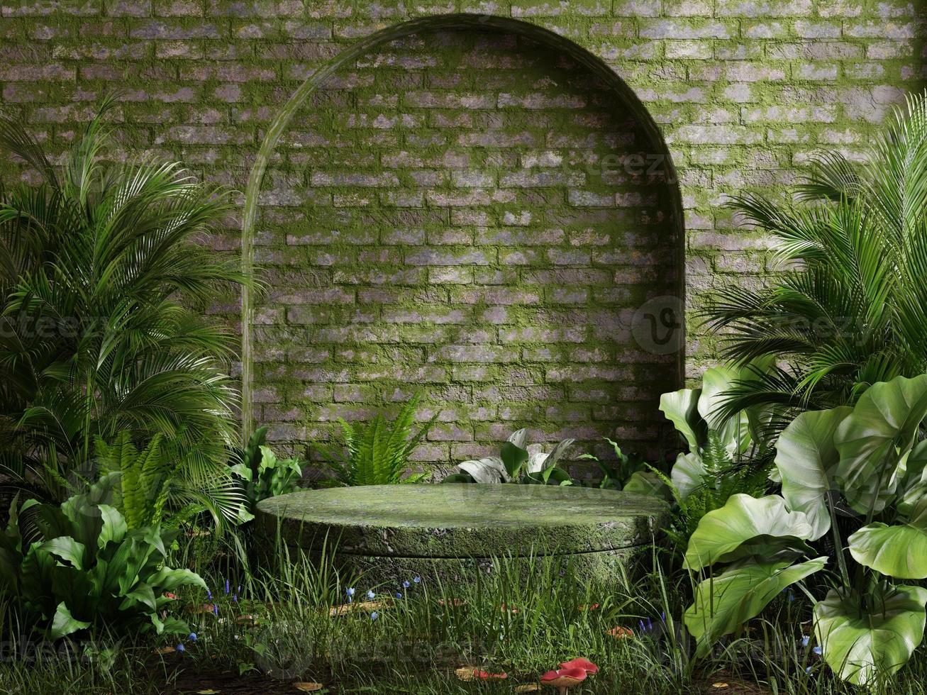 podio musgoso en bosque tropical para presentación de productos y fondo de musgo de pared. representación de ilustración 3d foto