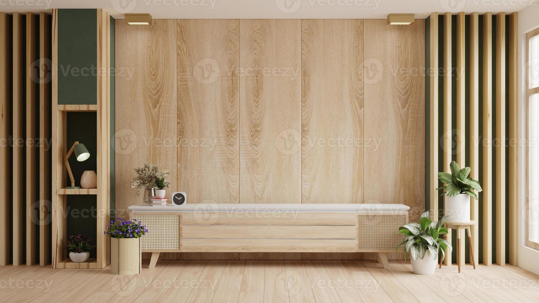 interior moderno de salón con mueble para tv sobre fondo de pared de madera. representación de ilustración 3d foto
