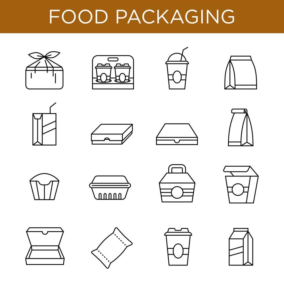Food packaging icon set in outline style. Suitable for design element of cafe and restaurant, food delivery, and food container symbol. vector