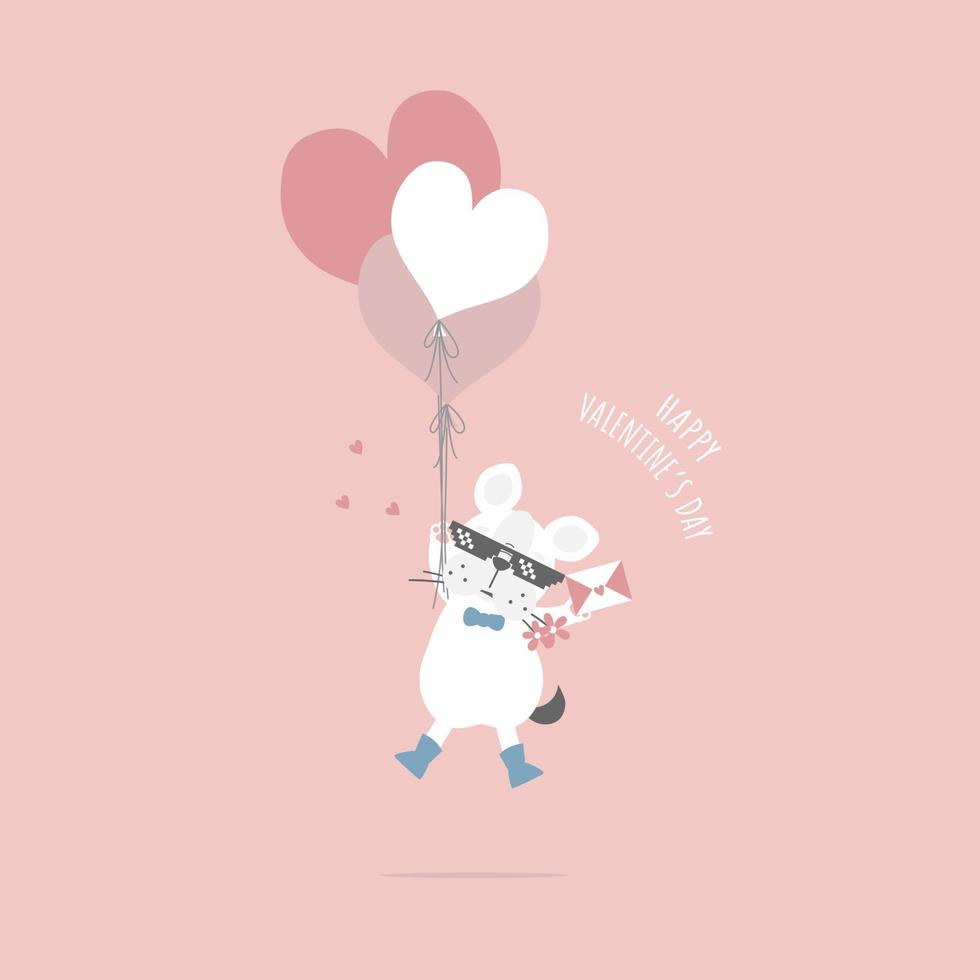 lindo y encantador pug de bulldog francés dibujado a mano con globo de corazón y carta de amor, feliz día de San Valentín, concepto de amor, diseño de vestuario de personaje de dibujos animados de ilustración de vector plano